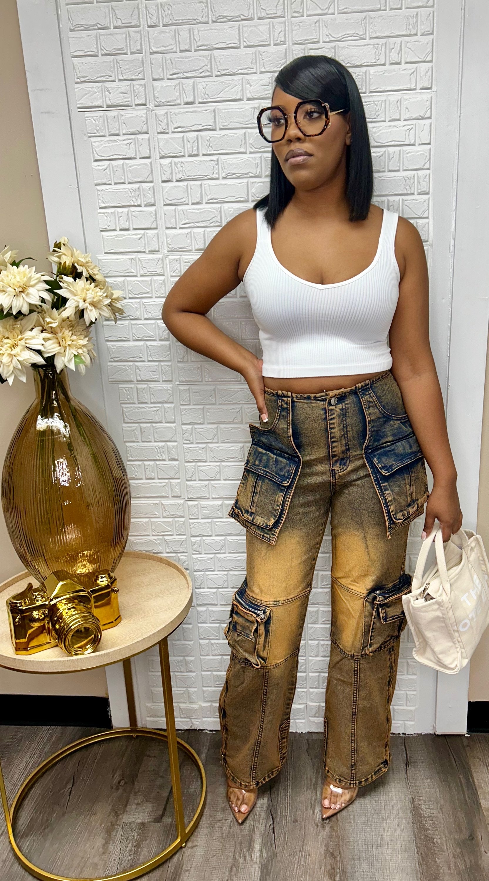 Sand wash denim cargo pants image 1
